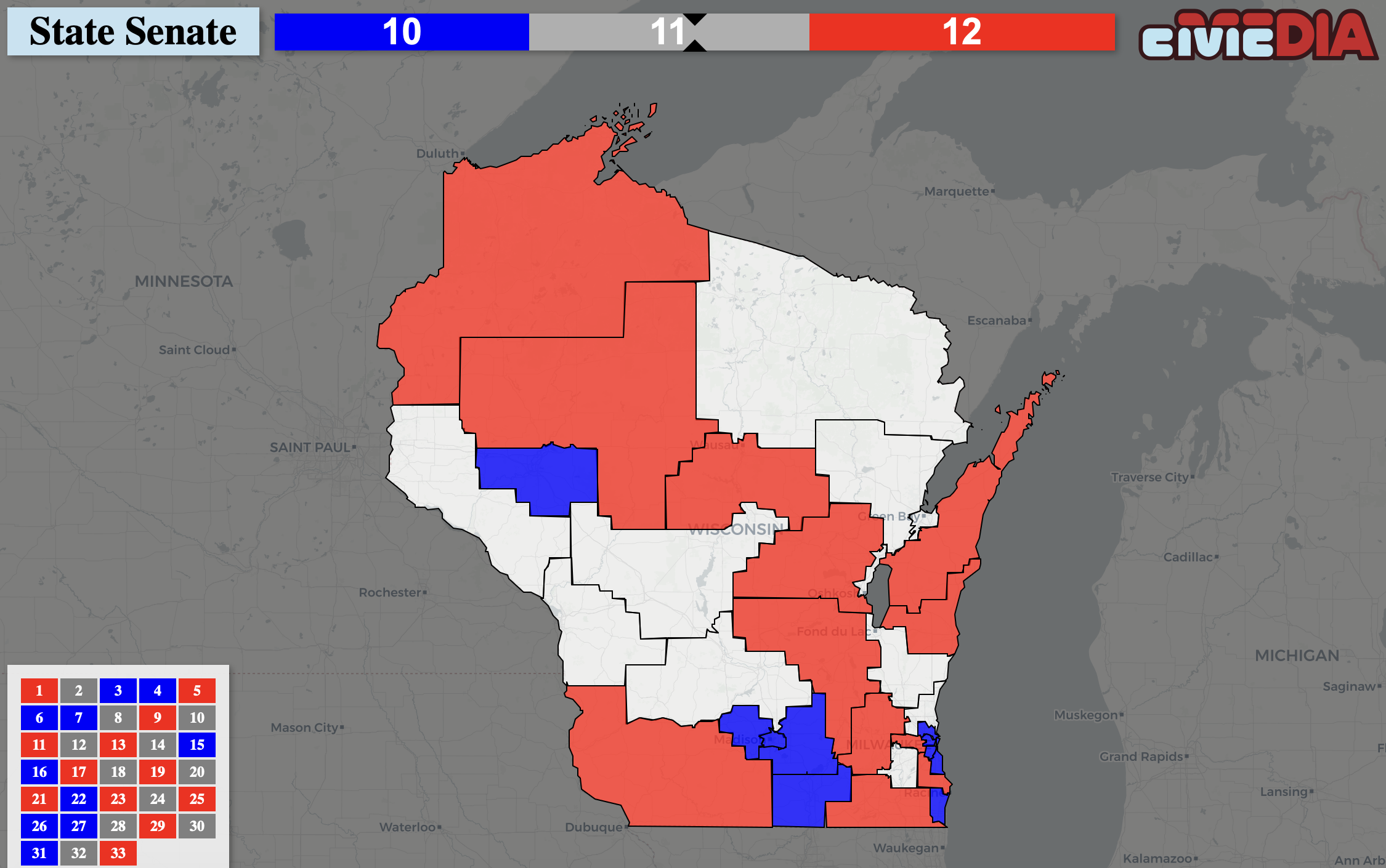 Tonight, I'm going to be focusing on state legislative races. Here is our baseline in the Senate. Only half of state senators are on the ballot this year (because they serve four year terms), and those senators tip 12-5 in favor of Republicans. But, five Democrats are running unopposed, so that brings the balance to 12-10 as we start seeing election results from around the state.